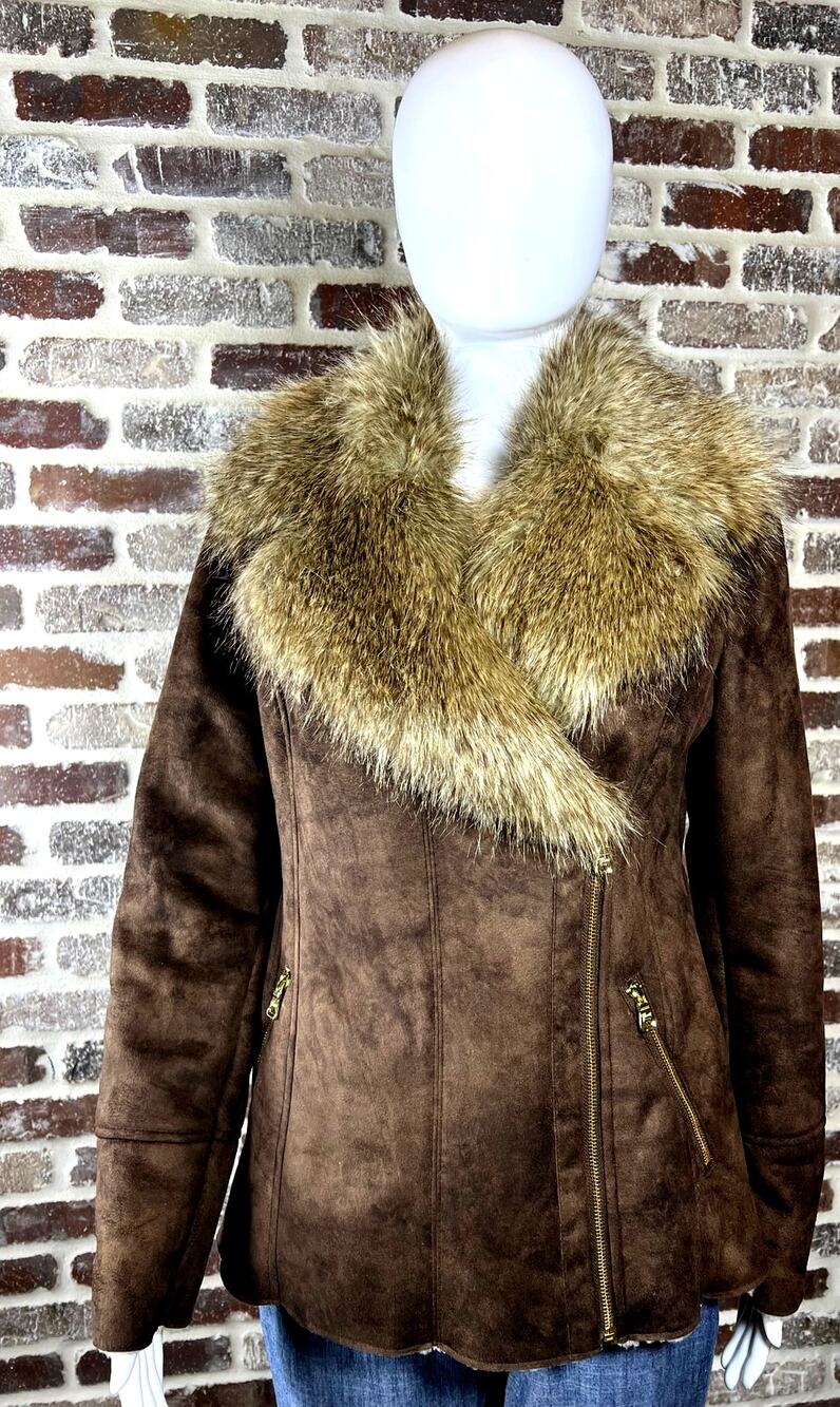 Guess Y2K Faux Suede &Fur W Shearling Lining Jacket Gold Tone Zippers Women's SP